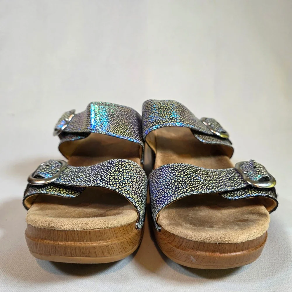 Dansko Sophie Sandals Iridescent Blue Leather Platform Wedge Womens 40 ‎ 9.5
